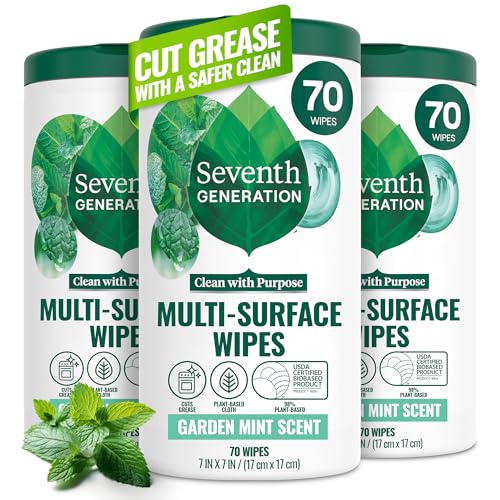Image of Seventh Generation Multi-Surface Wipes, 70 Count, Pack of 3, Garden Mint, Plant-Based Cleaning Wipes, No Harsh Fumes or Residue, Safe Around Kids