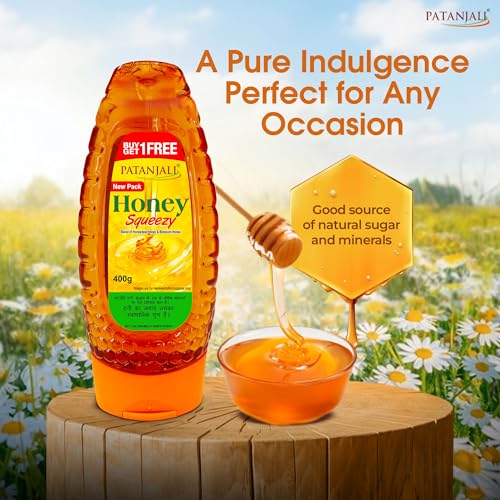 Image of Patanjali Natural Honey Squeeze Pack 400g - No Added Sugar Pure Raw Natural Bee Honey | No Artificial Colour | For Eating Cooking & Wellness