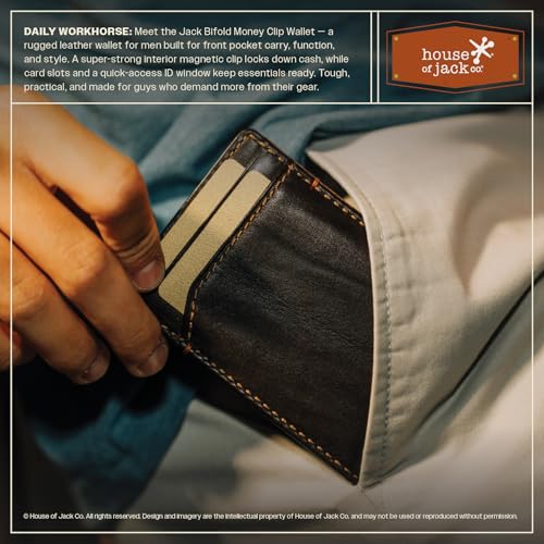 Image of House of Jack Co. Jack Men's Bifold Wallet with Money Clip, Holds 15+ Bills | Super Strong Magnetic Clip, 8 Card Holder, Full Grain Leather Front Pocket Wallet with Money Clip, Gift for Men, Brown