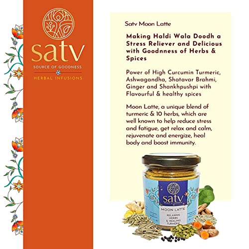 Image of Satv Source of Goodness Moon Latte Turmeric Golden Milk MixI11 HerbsIRelaxation&Calmness,Destressing,Revitalize,I Brahmi,Shankhpushpi,Rose,Ashwagandha,FennelI150 Cups