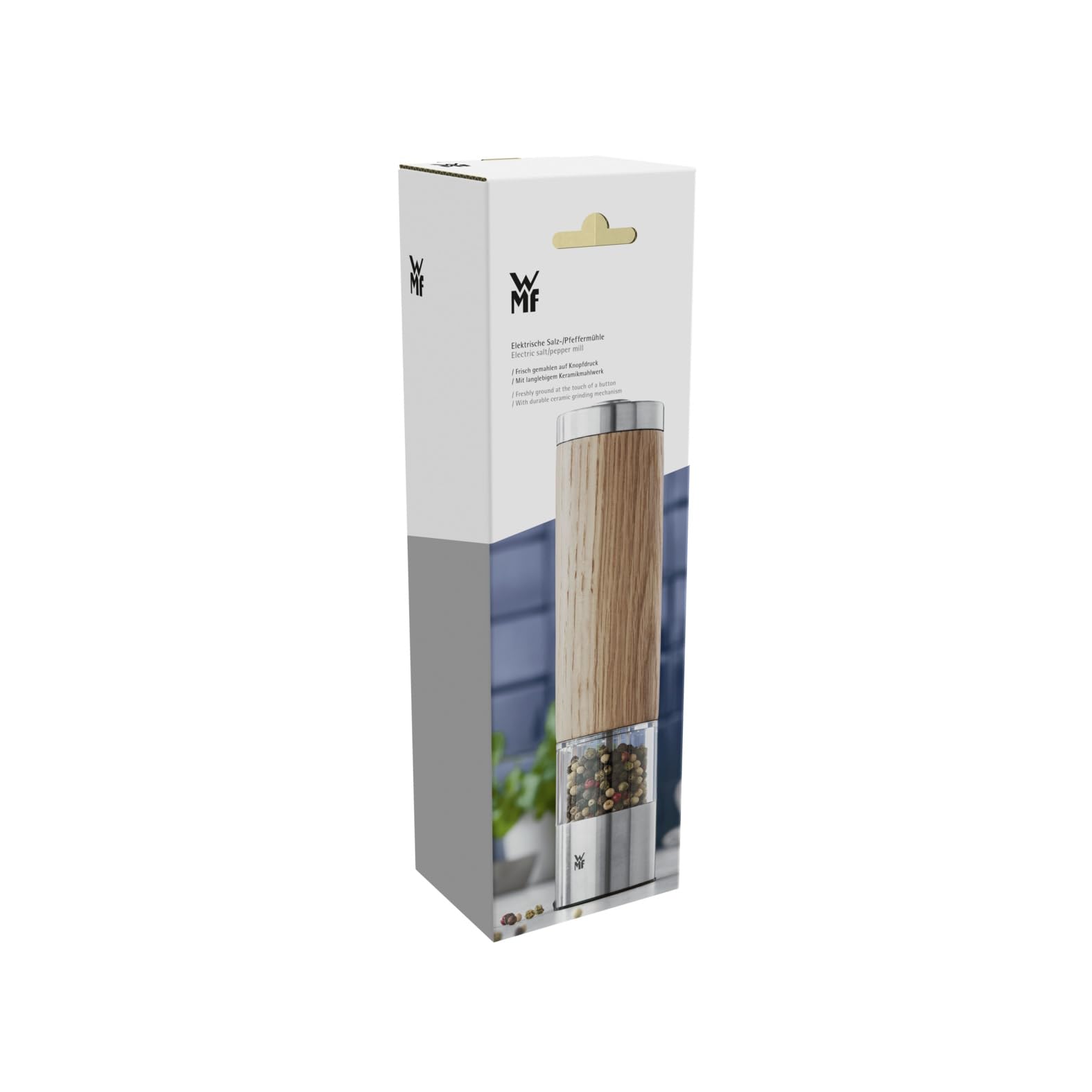 WMF Ceramill Elektrische Mühle 21,5 cm, Salz und Pfeffermühle elektrisch unbefüllt, Eichenholz Cromargan Edelstahl, Keramikmahlwerk