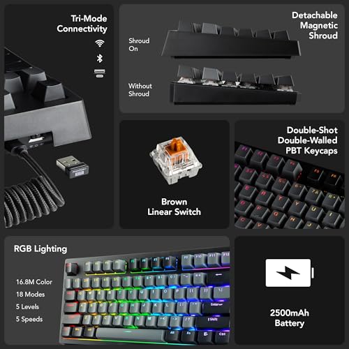 Image of TECWARE Phantom+ Elite 87 Key RGB Mechanical Gaming Keyboard | 3-Mode Wireless Bluetooth 5.0, 2.4GHz & USB-C Wired | Hot-Swappable 5-Pin | Double-Shot PBT Keycaps | Wraith Brown Switch - Black