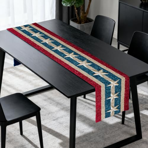 Image of Nuxovilar American Star Striped Flax Table Runner 13x72 in | Patriotic Style Table Runner for 4th of July, American Events, Festive Dinners