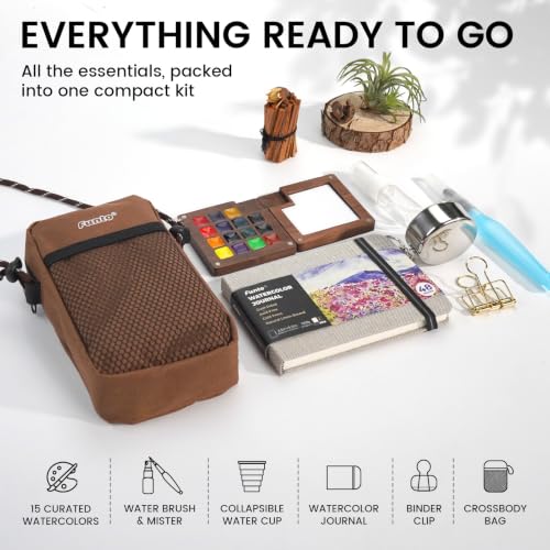 Image of Funto Mini Watercolor Paint Set, 15 Colors with Walnut Palette for Travel