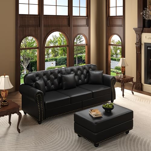 Image of KEIKI 83 inch Faux Leather Chesterfield Sofa with Rolled Arms & Nailhead Trim & 1 Ottoman, 3-Seater Button Tufted Couch with High Resilience Cushion & 3 Pillow, Easy Assembly, for Living Room, Black