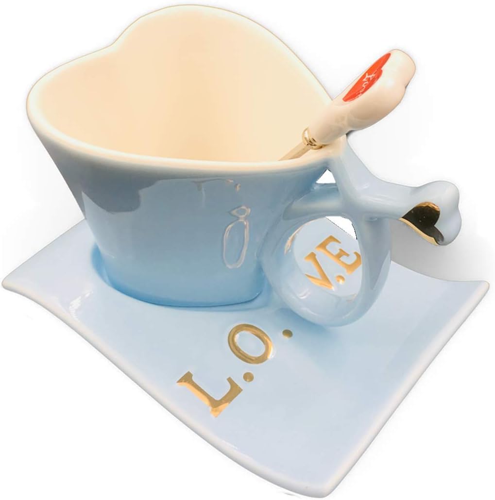 UUOUU Ceramic Coffee Mug Heart-Shaped Cups Blue Creative Milk Mug with Spoon Valentine's Day Gift Cup Sets for Lovers