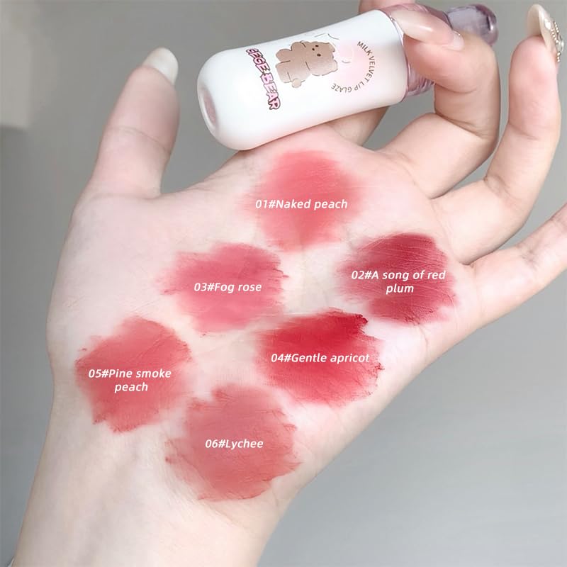 Image of Gege Bear Milk Velvet Lip Glaze,Milk-Infused Matte Lip Gloss for Soft,Smooth Lips,6 Shades with Plush Hydration,Long-Wearing Velvet Texture,Non-Sticky & Comfortable Formula(01# Naked Peach,2.5g)