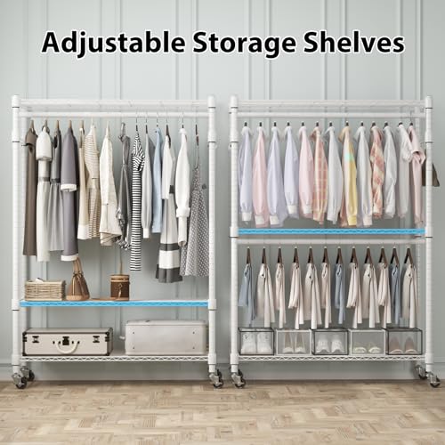 Image of Homdox 3 Tier Heavy Duty Garment Rack with Wheels, Adjustable Wire Clothes Rack with Double Hanging Rods, Portable Closets for Hanging Clothes with Side Hooks, White