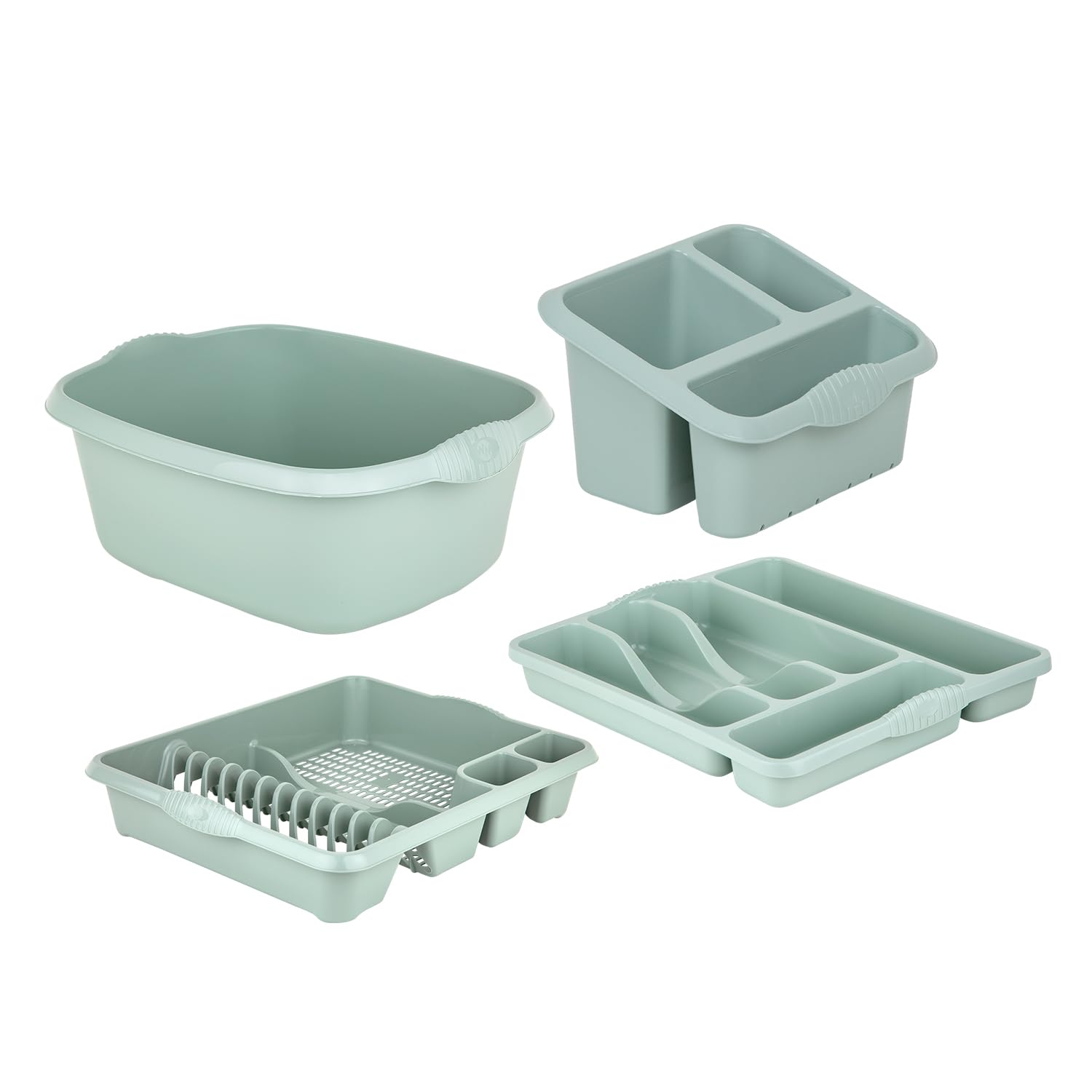 M1ss Silver Sage (Set Of 4) - Plastic Large Kitchen Sink 39 Cm Rectangular Washing Up Bowl, Sink Tidy, Large Dish Drainer And 5 Compartment Cutlery Tray (Silver Sage)