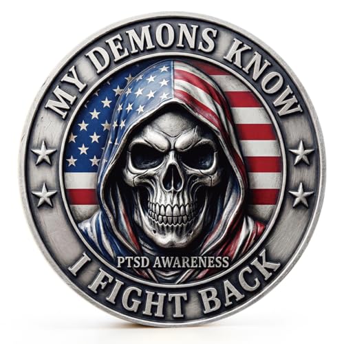 Koazava Veterans Challenge Coins with Coin Protector, Skull & Tree Double Side PTSD Awareness Commemorative Coins My Demons Know I Fight Back for Veterans Day Memorial Day Gifts
