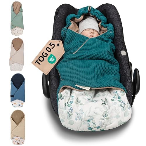 ULLENBOOM Einschlagdecke Babyschale Sommer, Aus 100% Oeko-TEX Materialien - Eukalyptus Petrol (Made in EU) - Decke für Babyschale & Kinderwagen, Für gängige Kindersitze, ideal für 0 bis 9 Monate