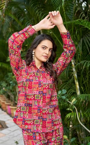 Image of KESUDI Women's Printed Co-ord Set | Multicolour Ethnic Pattern Co-ord Set | Long Sleeve Shirt with Wide-Leg Trousers Co-ord Set