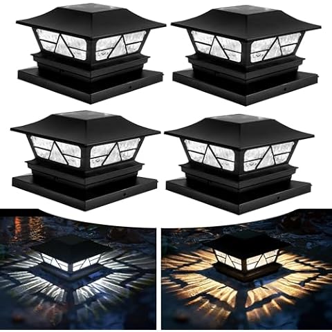 TW SHINE 4 Pack Solar Outdoor Fence Post Lights, 2 Modes Post Cap Lights Waterproof Color Changing Warm White/Cool White for Yard, Garden, Porch, Patio Decor, for 4x4 5x5 6x6 Wood Posts Cover