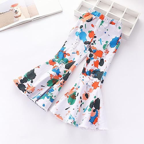 Cute Toddler Girls Colorful Doodle Flared Pants Elastic Waist Ripped Denim Pants Pull On Stretch Trousers Pants3