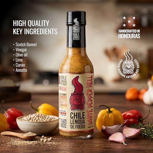 Image of Chile Lengua de Fuego White Pepper Hell - Scotch Bonnet & White Pepper Hot Sauce, Smoky Herbal Gourmet Heat, 5 oz Bottle (Pack of 1)
