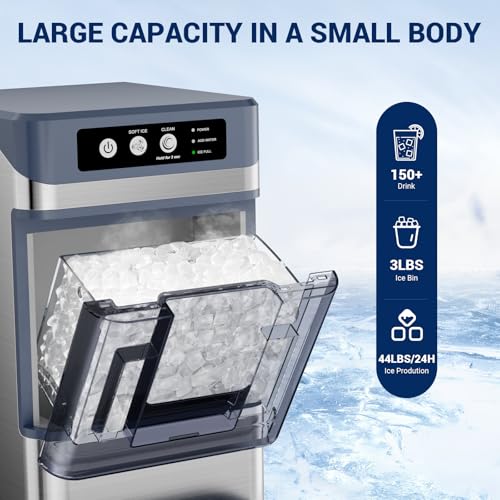 Image of Nugget Ice Maker Countertop, 44lbs /24H with 0.8 Gallon Tank, Chewable Soft Pellet Ice Ready in 5 Mins, Stainless Steel Countertop Ice Maker with Self-Cleaning for Home, Office, RV