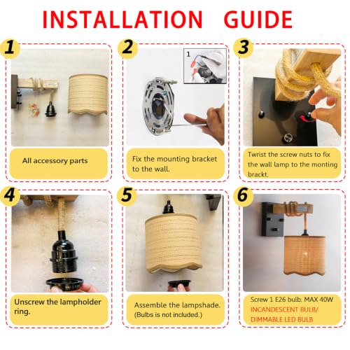 Image of Rattan Wall Sconce with Hemp Rope Wood arm for Boho Farmhouse Bedroom | Wood arm & woven shade. Single pack,On /Off Dimmable Switch fast install, fits farmhouse boho decore,1*E12 bulb sockets