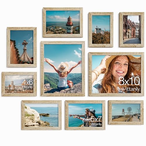 Image of Vittanly Picture Frames Set of 10, Picture Frames Collage Wall Decor with Two 8x10, Four 5x7, and Four 4x6 Photo Frames, Gallery Wall Frame Set for Wall or Tabletop Display, Light Wood