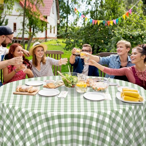Image of 12 Pack Sage Green Plastic Checkered Tablecloth Round, Premium Decorative Disposable Sage Green Gingham Plaid Table Cloths for Parties, Round Party Table Cover for Baby Shower Picnic Birthday, 84 Inch