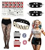 Swooflia 10 PCS Harley Halloween Costume Accessories Women - Cool Costume Outfit Cosplay Party Accessories Set for Women, Puddin Choker Rivets Bracelets Tattoo Stickers Gloves Stockings Hair Bands