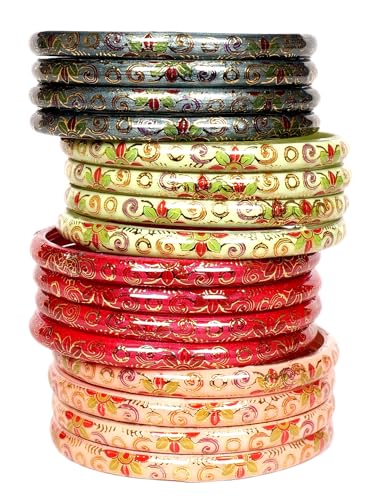 Image of Swara Creations Red Green Mehrun Yellow Bangles for Women /Digital Prints Bangles /Light Shiny Prints /Glass Bangles (16Pcs)(SKU270)