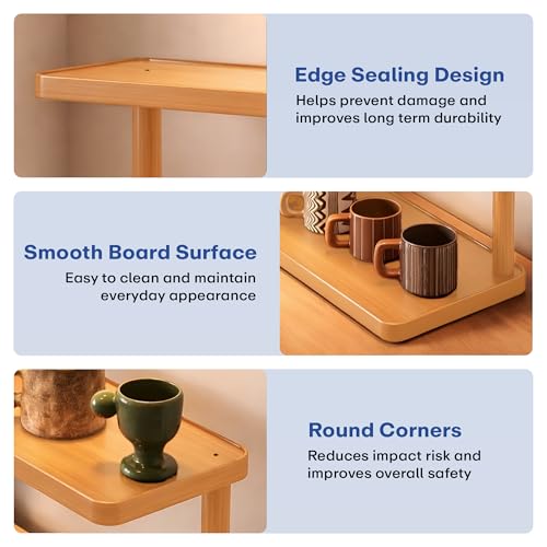 Image of Rioware Bamboo Organizer Rack - Multi-Layer Desktop Storage Shelf for Cups, Mugs & Tea Sets | Wooden Countertop Sideboard Display Stand for Kitchen, Dining & Home Deco