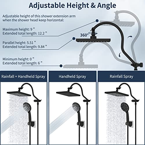 Hibbent 8 Inch High Pressure Rainfall Shower Head/Handheld Showerhead Combo With 12 Inch Adjustable Curved Shower Extension Arm,7-Spray,71-Inch Hose Adhesive Showerhead Holder,Oil-Rubbed Bronze #TOP4