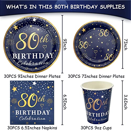 Image of 80th Birthday Decorations Plates and Napkins Blue and Gold, Service for 30, 80th Birthday Party Bundle Includes Navy Blue Plates, Napkins, Cups 80th Birthday Supplies for Men Women
