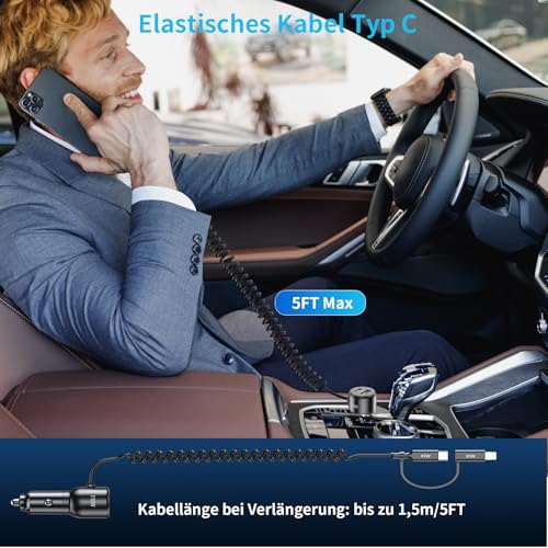Zigarettenanzünder USB C, 110W 65W+45W 12V USB Auto Kfz Ladegerät Autoladegerät mit 1.5M Schnellladegerät Spiral Typ C Adapter L Kabel Car Charger für iPhone 16 15 14 Samsung iPad Pro Airpods Android – Bild 4
