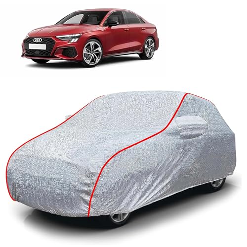 Image of Sulfar 100% Waterproof Car Body Cover Compatible with Mirror for Audi A3 (Triple Stitched, Full Bottom Elastic, Magic Silver with Red Piping)