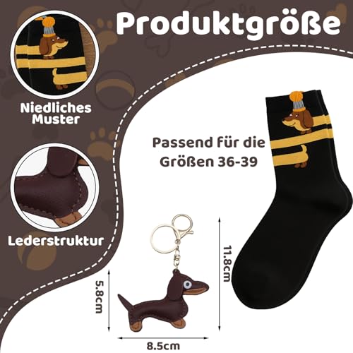 Scinzene 2 Stück Dackel, Schlüsselanhänger und Socken, Süße Welpe Hundetasche Anhänger Leder Glücksbringer Geschenke, Dackel-Geschenke Für Tierliebhaber