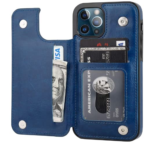 Capa Carteira de Couro Sintético Para iPhone 12 e12 Pro - Tela 6.1 (Azul)