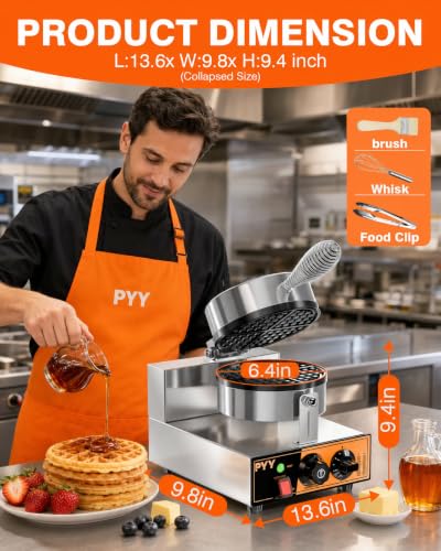 Image of PYY Commercial Waffle Maker - 20Pcs /H Round Belgian Waffle Iron, Non-Stick Stainless Steel Waffle Baker Machine with Temp & Timer Control, for Home Kitchen, Restaurant, Snack Bar 1300W