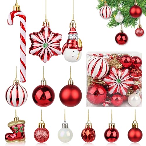 Set di 34 palline di Natale rosse con gancio, decorazioni per albero di Natale, rosse, resistenti alle intemperie, rosso vino, rosso scuro, in plastica, palline rosse per albero di Natale, bastoncini