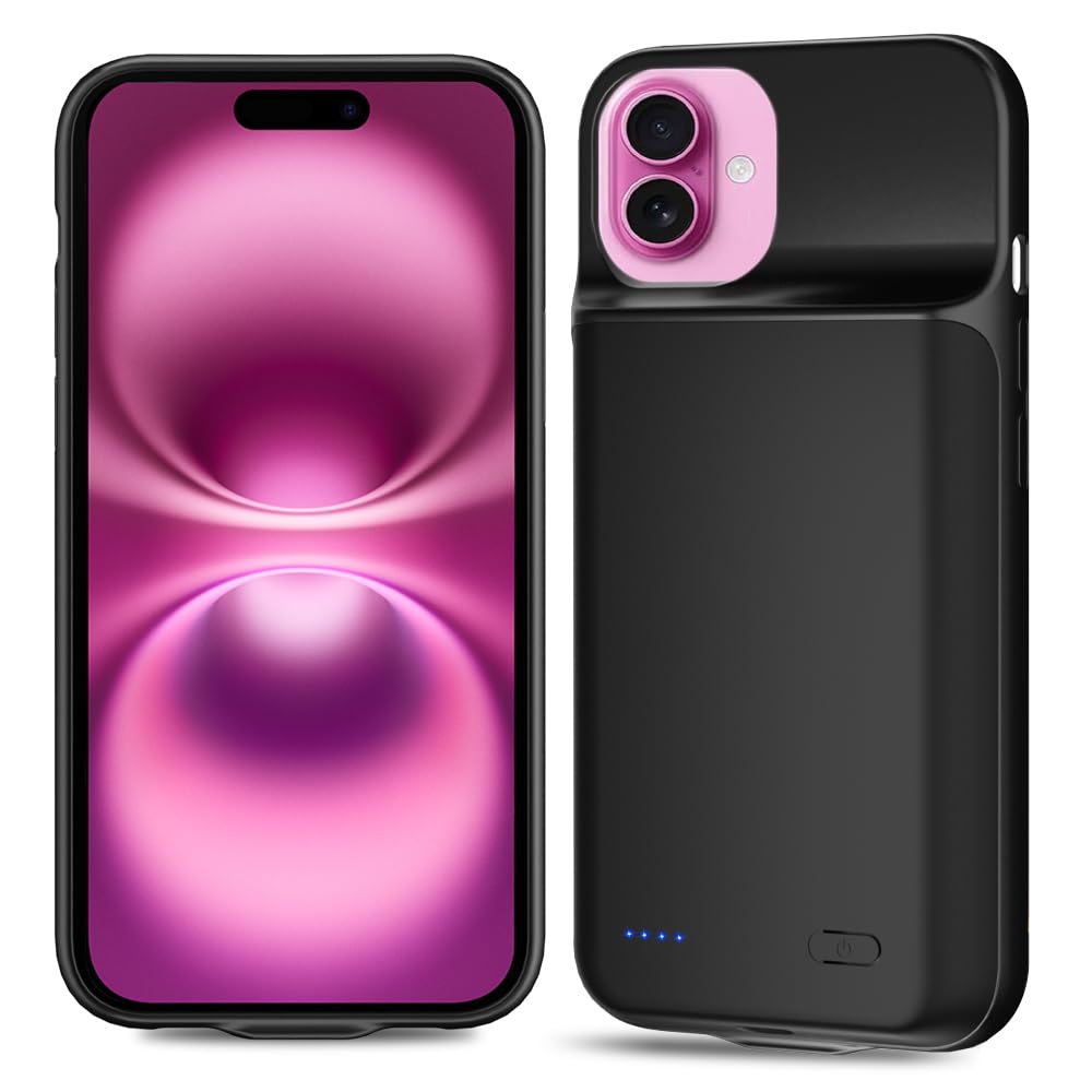 LCLEBM Custodia per iPhone 16 Plus, 7000 mAh, aggiornamento ad alta capacità, batteria ricaricabile estesa, cover protettiva portatile intelligente di backup per iPhone 16 Plus (1 confezione)