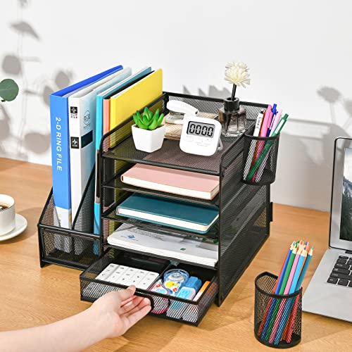 Marbrasse Organizador de escritorio con soporte para archivos, bandeja para cartas de 5 niveles, con cajón y 2 soportes para bolígrafos, escritorio de malla con soporte para revistas