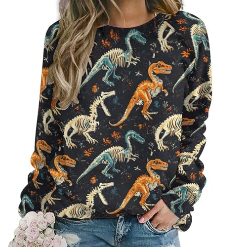 Sweat-shirt graphique dinosaure femme col rond manches longues confortable