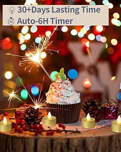 Loguide Gold Led Tea Lights With Timer, Built-In 6 Hours Timer Candles,Gold Glitter Battery Operated Flameless Votive Candles For Party,Birthday,Anniversary,Wedding Centerpiece,Christmas Decorations #TOP1