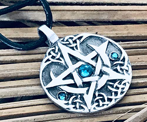 Pewter Lunar Pentagram Pendant On Leather W/Swarovski Crystal Teal Blue December Birthday #TOP3