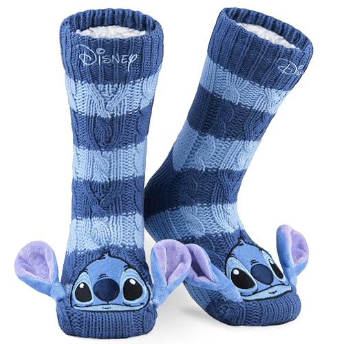 Disney Chaussettes Chaussons Femme EU 35-41, Chaussettes Antidérapantes Fantaisie, Cosy Idee Cadeau (Bleu Stitch)