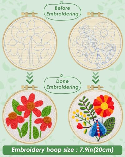 Image of ERKOON Punch Needle Kit Adults Beginners, 2 Pcs DIY Easy Flower Embroidery Set for Starter Art Craft, Needling Punching Project with Patterns, Tools, Yarns, Hoop, Instruction (Safflower)