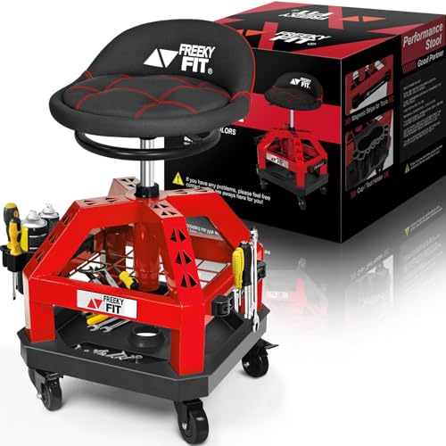Image of Rolling Shop Stool for Garage with Casters, DO02-Adjustable Height 360 Swivel Shop Seat with Tool Tray Storage, 330 LBS Capacity Padded Mechanic Stool, Magnetic Tool Hold, Heavy Duty, Red