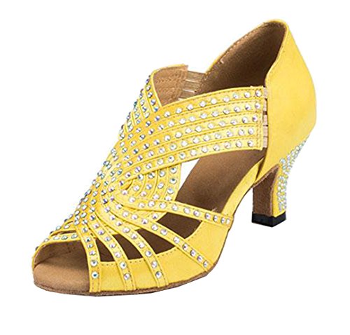 TDA Womens Zipper Mid Heel Yellow Satin Crystals Latin Modern Salsa Tango Ballroom Wedding Dance Shoes 8 M US