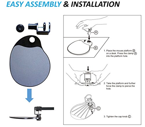 Aidata UM003B Mouse Platform Under Desk, Sturdy Metal Clamp Fits Onto Desks Up To 40mm/1.57", Platform Rotates 360 Degrees To Hide Mouse Under The Desk, Built-in Cable Clip Keeps Mouse In Place, Black - Thumbnail 5