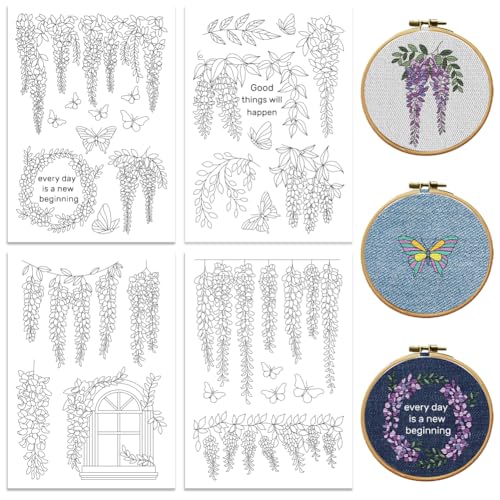 Image of Peacoblue Water Soluble Embroidery Patterns for Beginners, Wisteria Vines and Butterflies 4 Sheets with 19pcs Wash Away Stick and Stitch Embroidery Pattern Stabilizer for Hand Sewing Women Adults