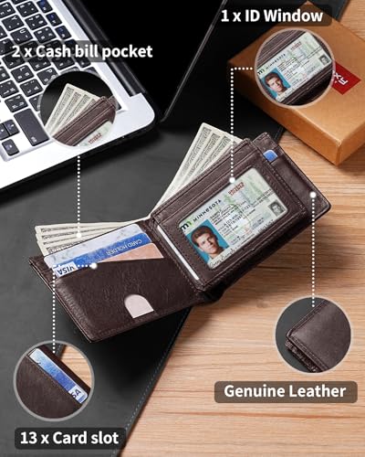 Image of Artpaxy Mens Wallet Bifold Genuine Leather RFID Blocking Wallet for Men with 1 ID Windows 13 Card Holders 2 cash pockets 1 Gift Box