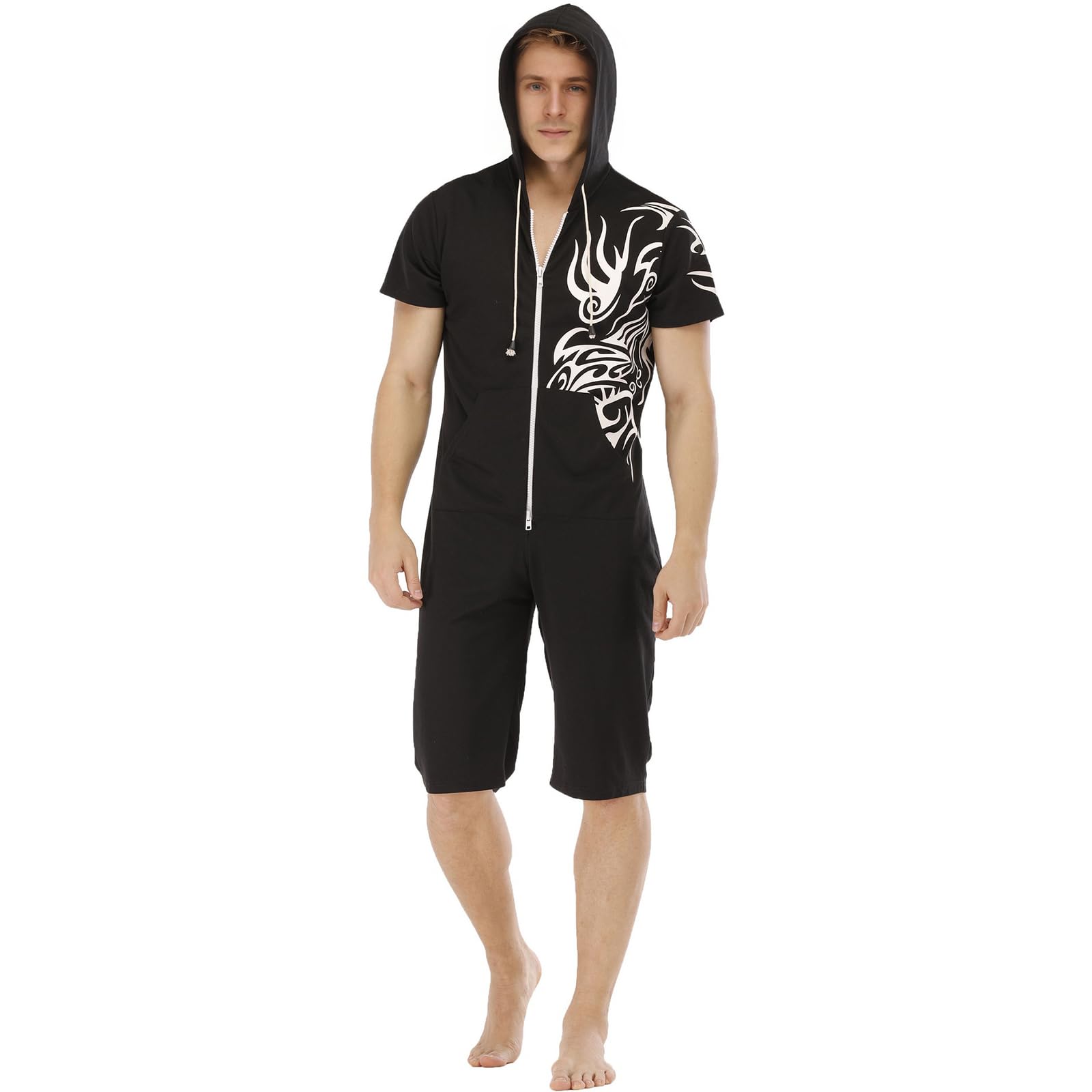 Men's Short Pyjamas Full Zip One Piece Jumpsuit Short Sleeve Hooded Summer One Piece Onesie Casual Sports Home Suit
