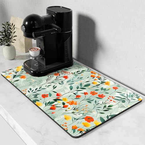 Rnivvi Tapete de café de 12 x 19 pulgadas para accesorios y organizador de estación de café, almohadilla absorbente de secado de platos para encimera de cocina, bonita decoración de cafetera, flores