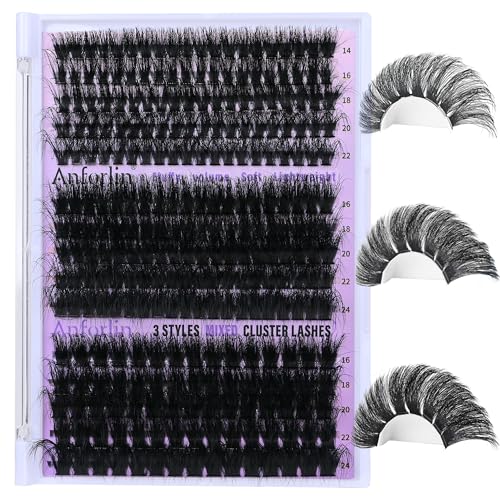 Lash Clusters 14-24mm Eyelash Clusters 100D+200D+300D Thick Volume Lash Extension 275pcs Fluffy Eyelash Extensions D Curl DIY Individual 3 Style Cluster Lashes at Home by Anforlin