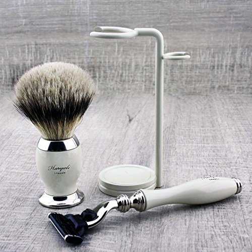 Rasierset für Männer mit Silberspitze Badger Rasierpinsel & Gillette Mach3 Razor (austauschbarer Kopf) & Dual Stand für Razor & Brush - Elfenbeinfarbe - Tolles Geschenk für jeden Gentleman